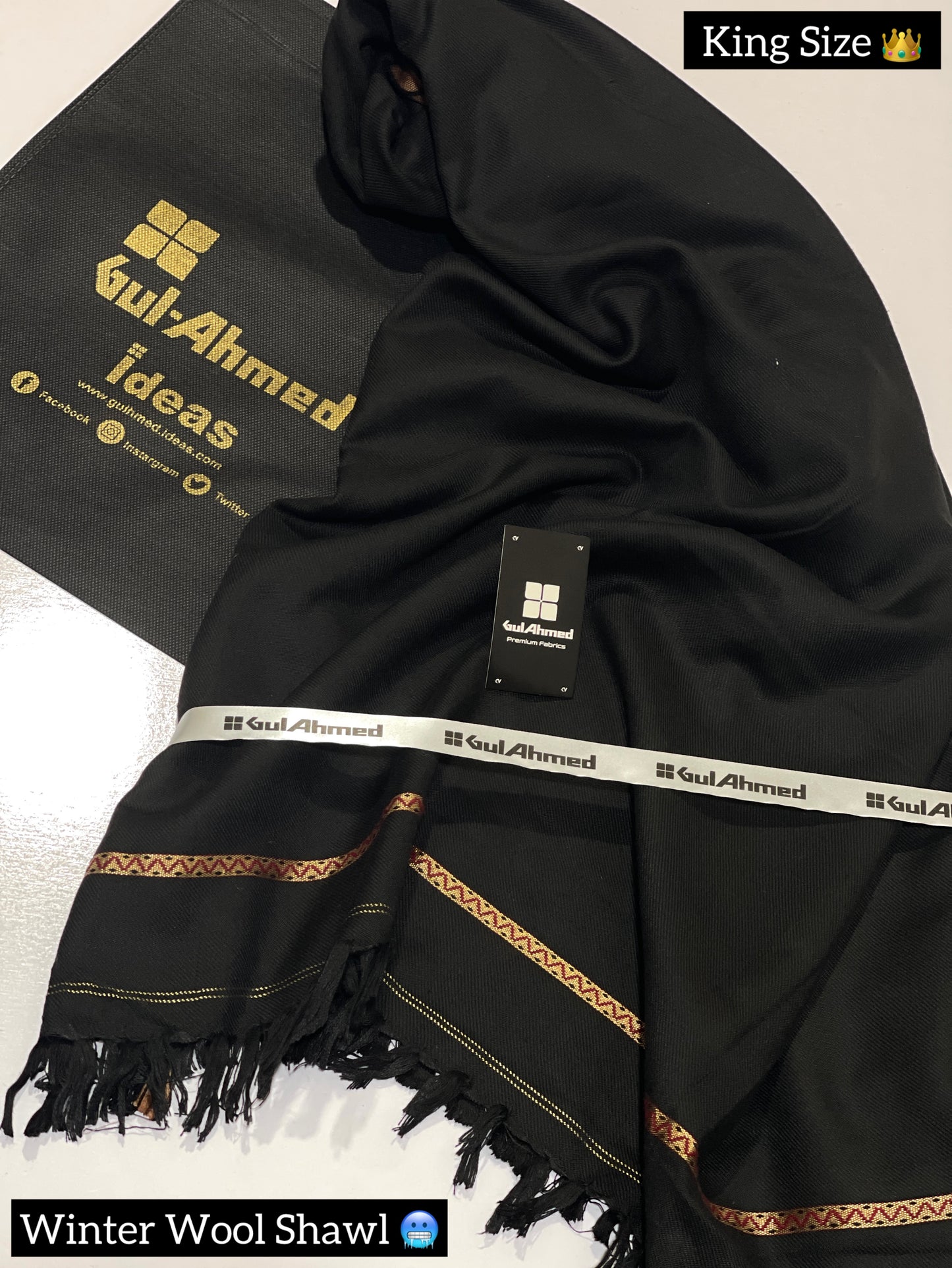 GULAHMED Winter Wool Shawl BLACK GA-22